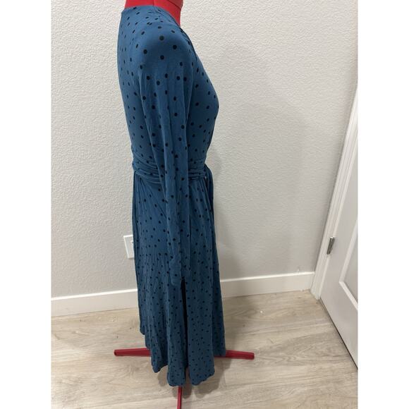 Blue Polka Dot Long Sleeve Midi Dress Wrap Style Tie Waist Casual - Picture 4 of 7